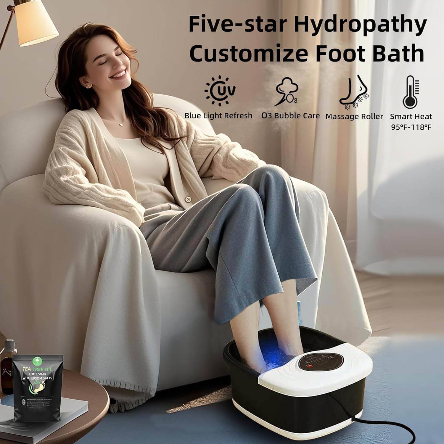 closewave Masajeador de baño de spa para pies con calor, rodillos shiatsu, UV y burbujas de ozono, incluye aceite de árbol de té, sal de Epsom, alivia el estrés y el dolor de pies, pedicura casera