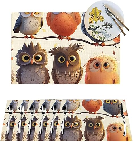 Miniatura 1 de 1 juego de manteles individuales de PVC con estampado de búhos y pájaros, manteles individuales tejidos de PVC, antideslizantes, resistentes al