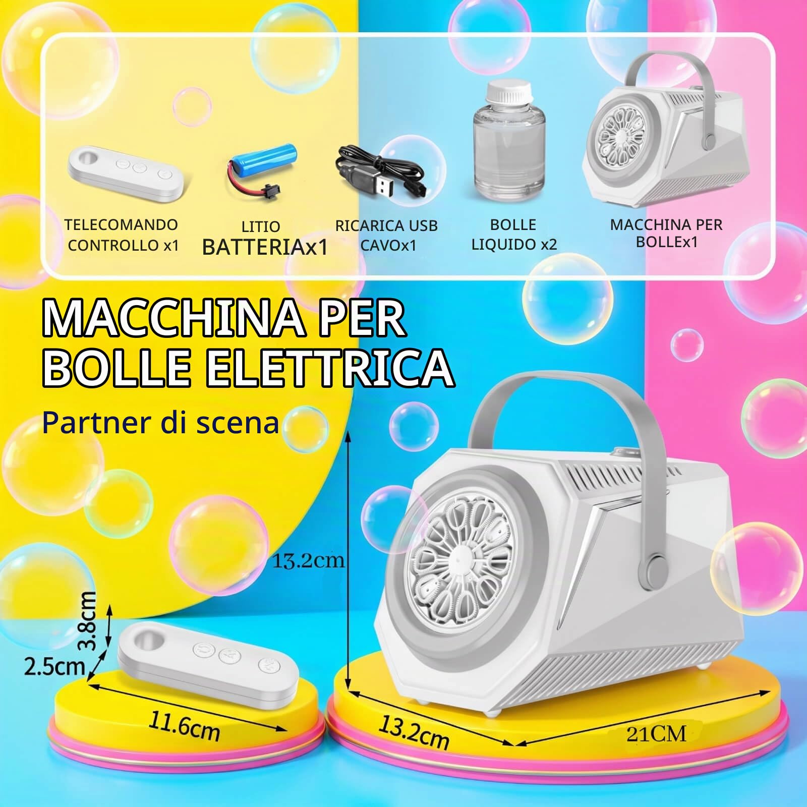 Macchina Bolle con Telecomando – Rotazione Auto 150°, 10 Fori 7000+ Bolle, Luce RGB, Batteria 1800mAh Type-C, Grande Serbatoio – Per Matrimonio, Compleanno, Festa all'Aperto