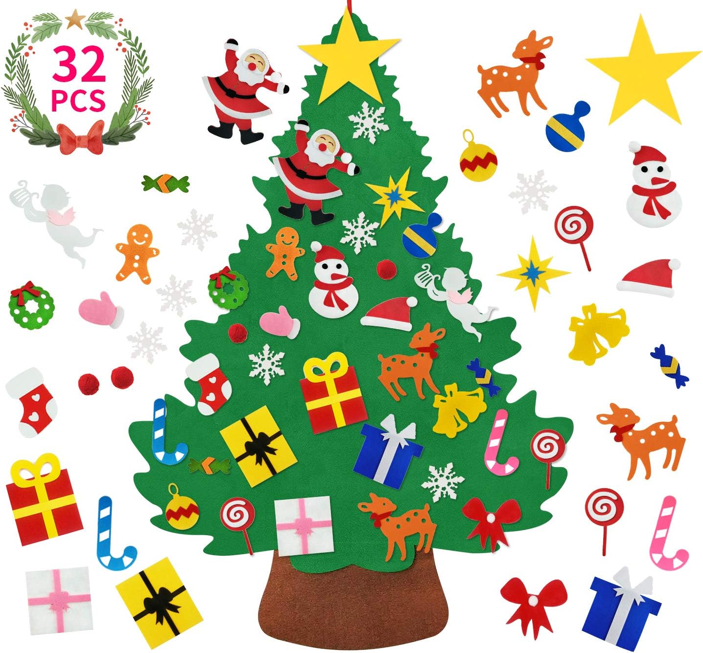 Felt Christmas Tree for Toddlers-3.3 FT Upgrade 3D DIY Set for Kids with 32 Pieces of Xmas Gifts Ornament Decor, Wall Hanging Christmas Tree Decorations