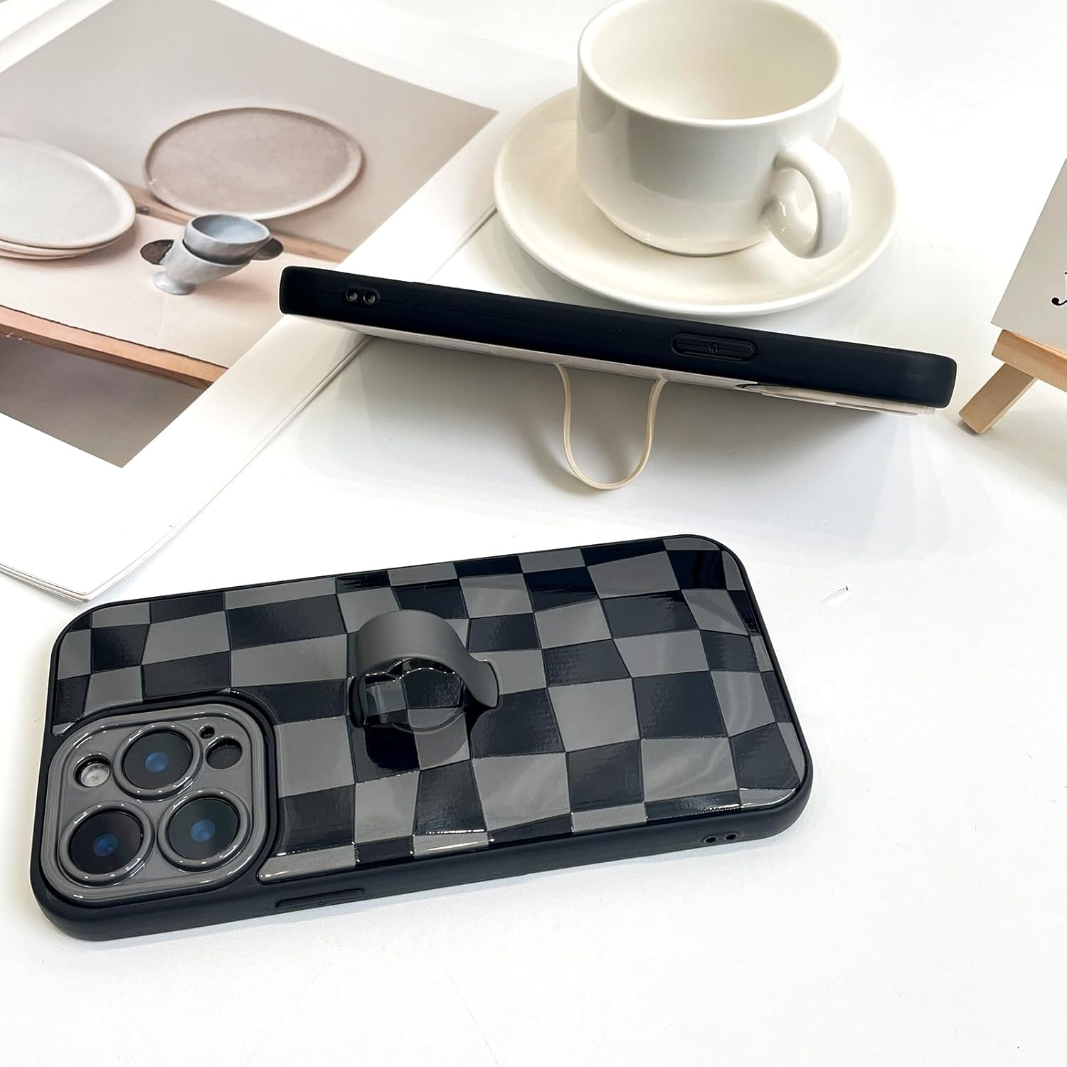 SOKAD for iPhone 14 Pro Case with Finger Strap Kickstand, Cute Checkered Checkerboard Phone Case with Finger Hand for Women Men, Slim Full Camera Protection Shockproof Case Cover, Black - Image 5