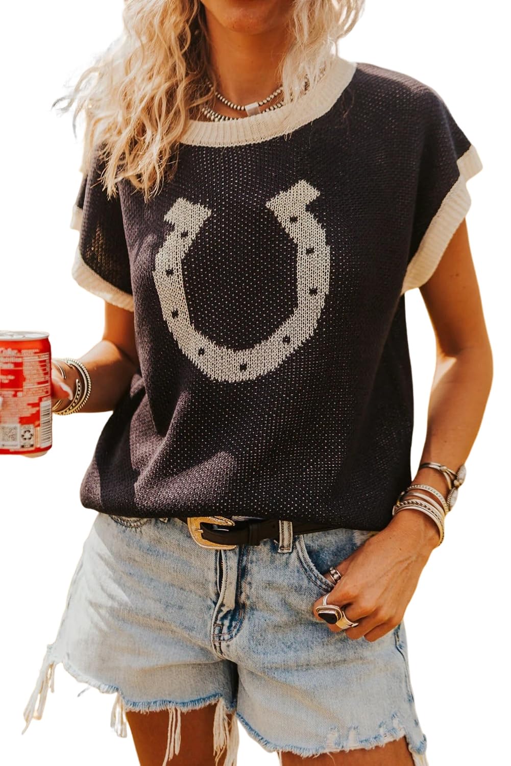 MARZXIN Womens Western Vests Black Horse Shoe Pattern Contrast Trim Short Sleeve Sweater