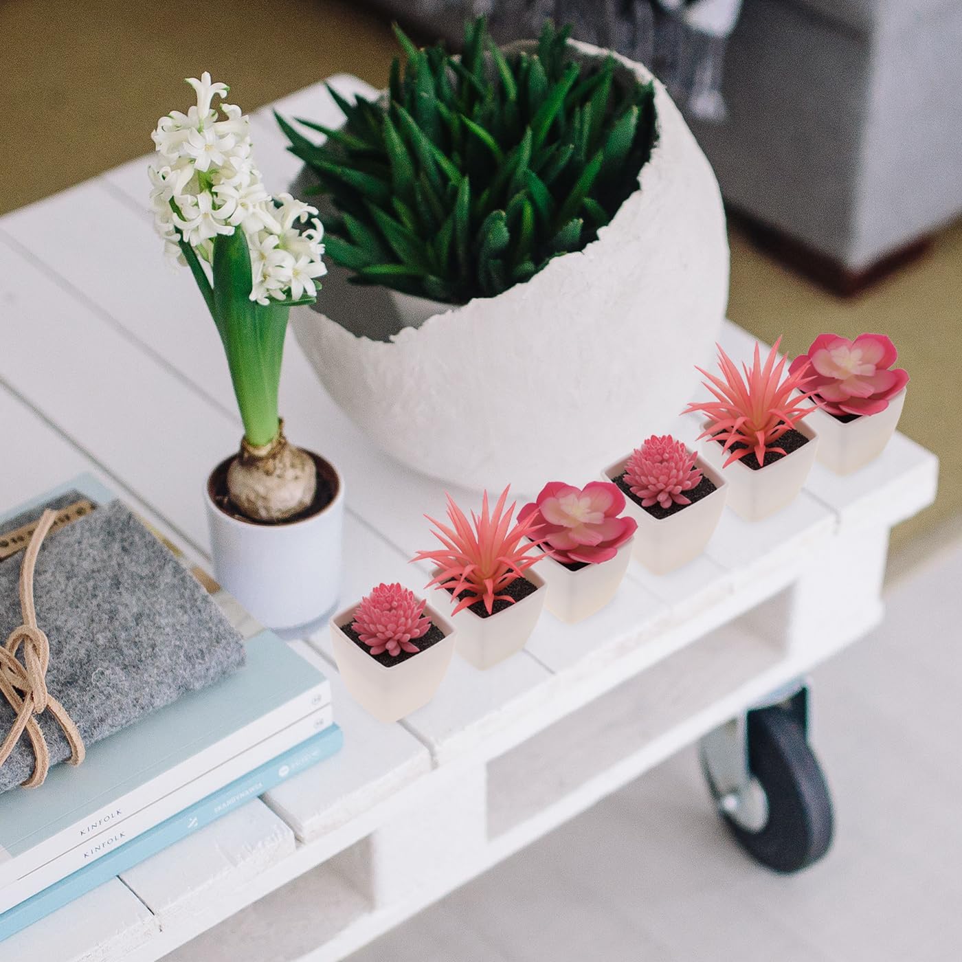 Woration 6Pcs Mini Artificial Succulent Plants Fake Plastic Succulents Potted for Garden Office Home Desk Decorations Floral Arrangement Craft- White Pots - Image 2