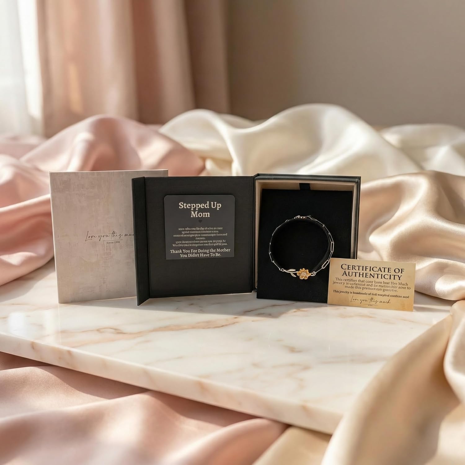 Love You This Much Sentimental Stepped Up Mom 18k Gold Sunflower Bracelet | 6.5-8" Adjustable | Meaningful Bonus Mom Gift | Birthday Gift for Stepmom | Best Stepmother | Luxury Gift Box