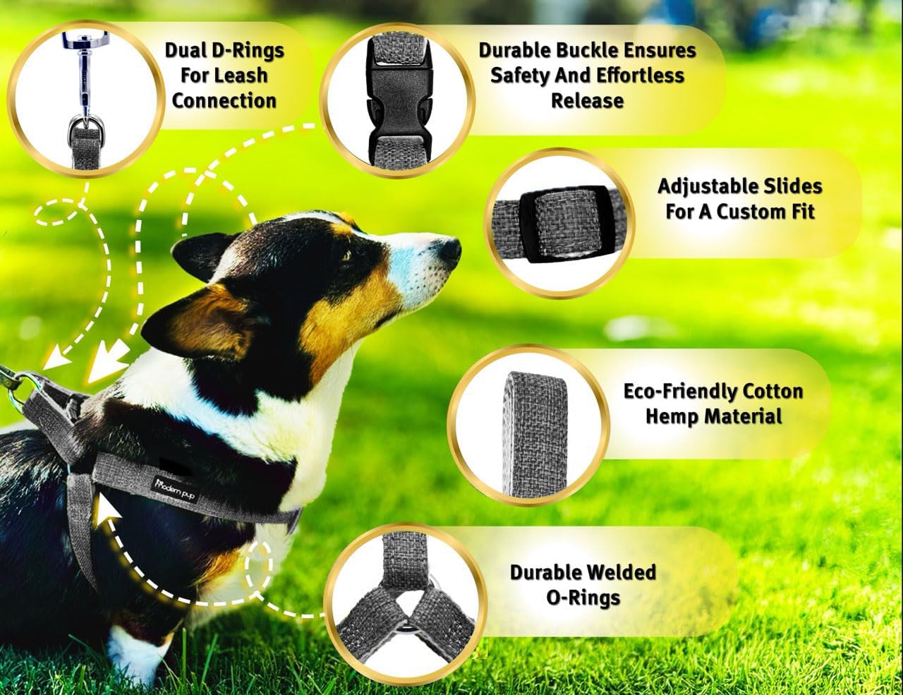 Hemp Cotton Step in Dog Harness, Sustainable, Lightweight and Escape-Proof, No-Pull, Quick Fit Dog Harness for Puppy Small Medium, Large, and Extra Large Dogs, Grey (XL)