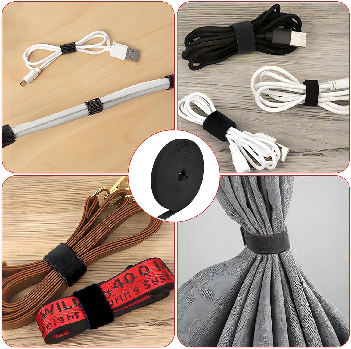 0.4in x 25 Yards Hook and Loop Roll, Reusable Nylon Fastening Cable Ties, Self Gripping Wire Management Roll for Home Office Cord Organization, (1, Black)