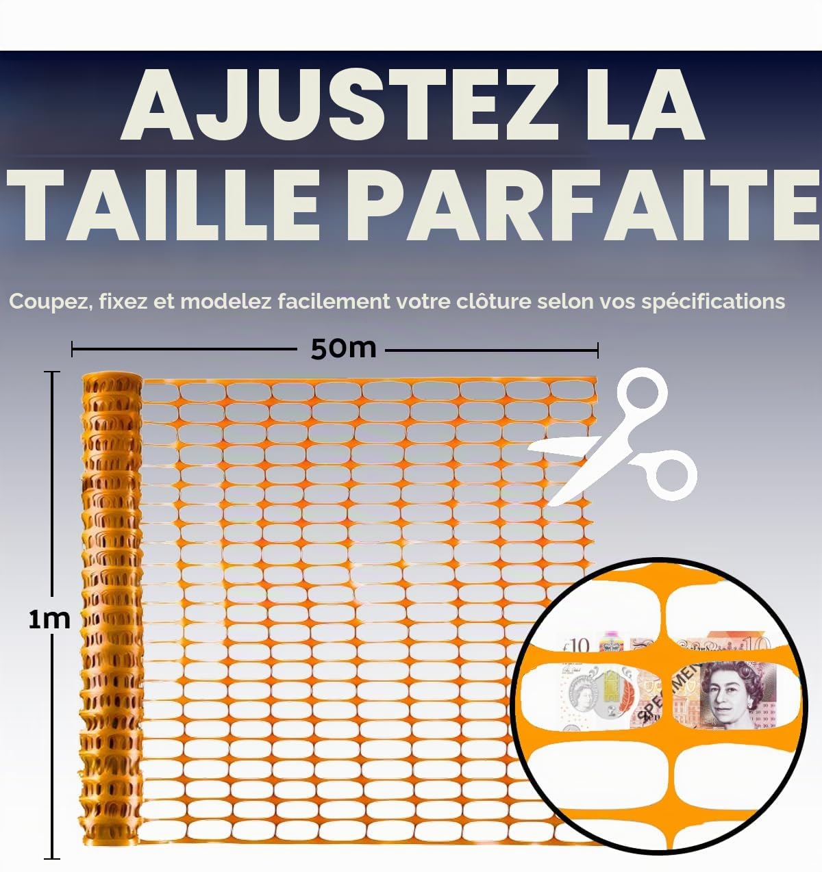 Clôture en plastique orange 1 m x 50 m avec 10 broches - Résistante aux déchirures - Clôture de sécurité temporaire pour la construction, les chantiers, le jardin, les animaux domestiques et les