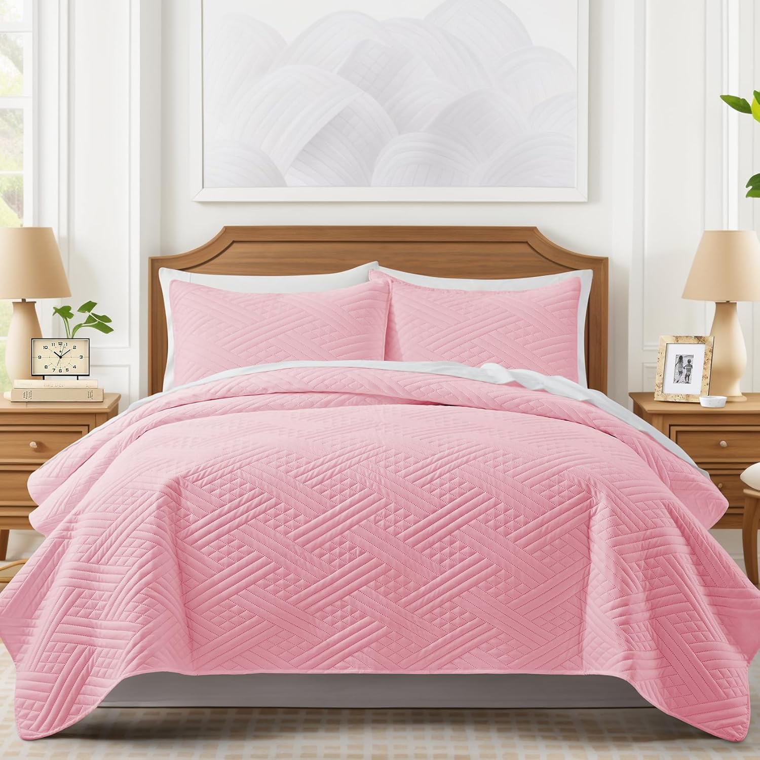 Lavsiry Pink Quilt Queen Size with Striped Pattern, Lightweight Soft Summer Thin Microfiber Bedspread & Coverlet Bedding Set for All Seasons - 3 Piece(1 Quilt, 2 Pillow Shams) - Image 2