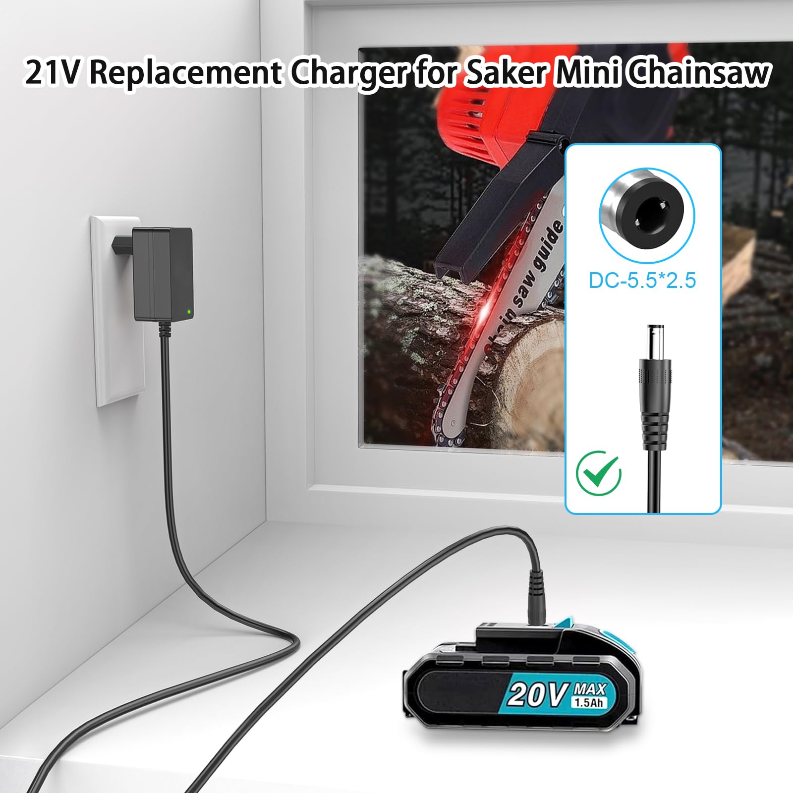 Chargeur De Remplacement 21V Pour Tronçonneuse Saker - Portable, Entrée 100-240V, Protections Multiples
