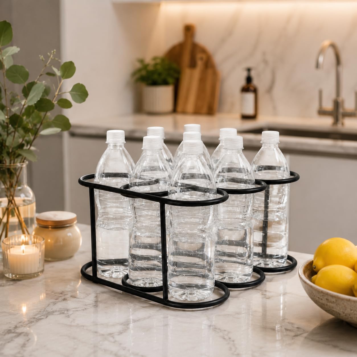 9 Bottle Water Bottle Storage Rack for Kitchen Counter | Metal Water Bottle Organizer Stand | Space Saving Bottle Holder | Rust Resistant Pantry & Refrigerator Organizer | Black Bottle Rack for Home-image-15