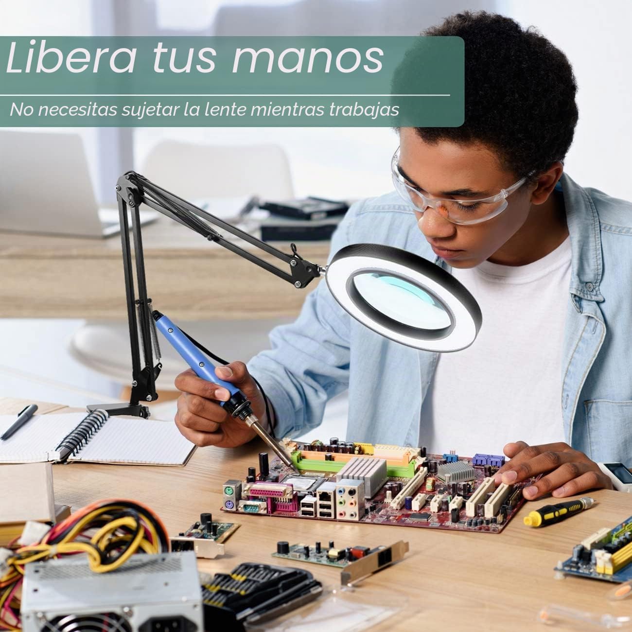 Lupa con Luz Led para Manualidades, 10x Lupas de Gran Aumento con Ajuste de 3Color & Brillo, Lampara con Pinza Metálico & Brazo Ajustable, Lampara Lupa Led con Luz para Costura & Reparación