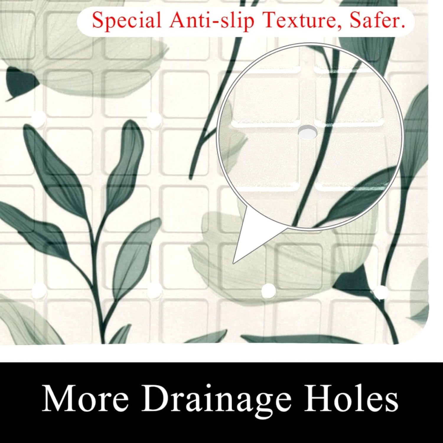 Bathtub Mats for Shower Tub, Sage Green Flowers with Leaves Seamless Pattern Anti-Slip Bath Mats for Inside Tub, Bathroom Shower Mats with Drain Holes and Suction Cups