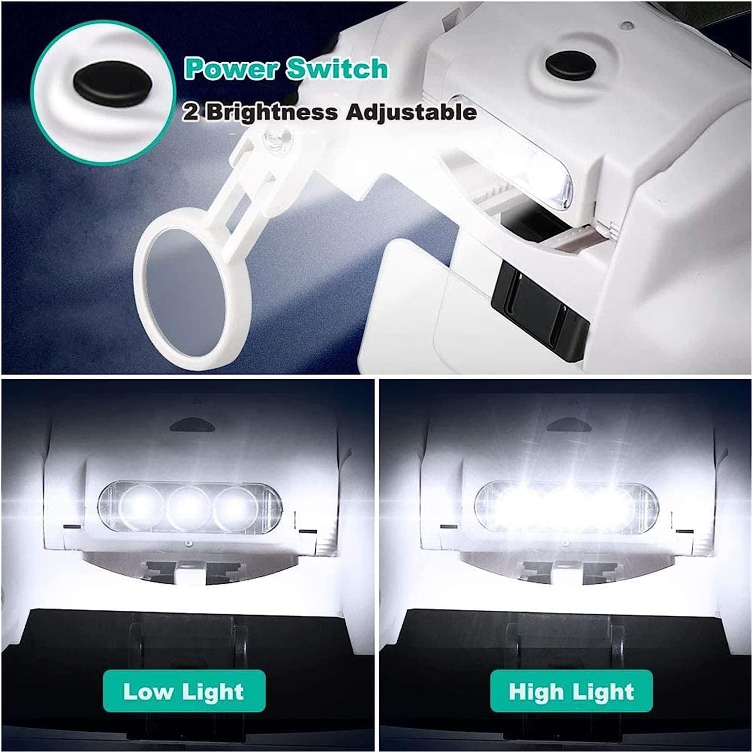 Lámpara de lupa con cabeza recargable USB, gafas binoculares, lupa con 3Led iluminada diadema lupa para lectura flexible cuello de cisne brazo visión de matrimonio, Fdj030-1