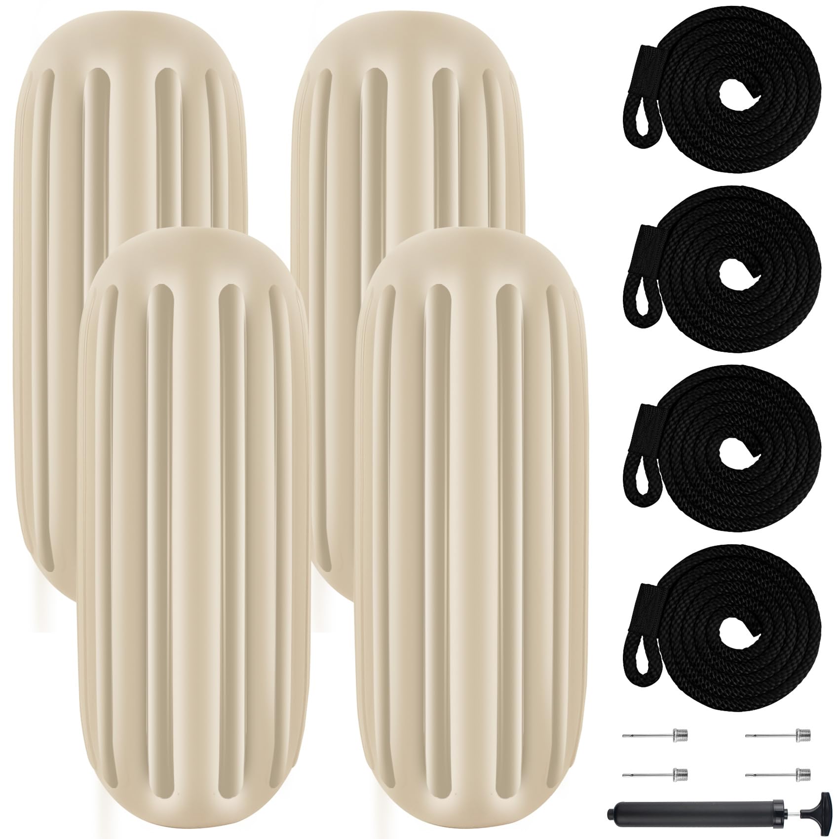 6/8/10 inch Boat Fenders 4 Pack, Hole Through Middle Vinyl Boat Bumpers Fenders, Boat Bumpers for Docking Come with Ropes Needles and Pump, Inflatable Ribbed Boat Dock Bumpers for Pontoon Yacht