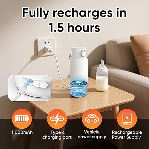 Miniatura 6 de Calentador de botellas portátil de calentamiento rápido para leche materna, fórmula, agua, gran capacidad de 17.5 onzas y batería de larga duración