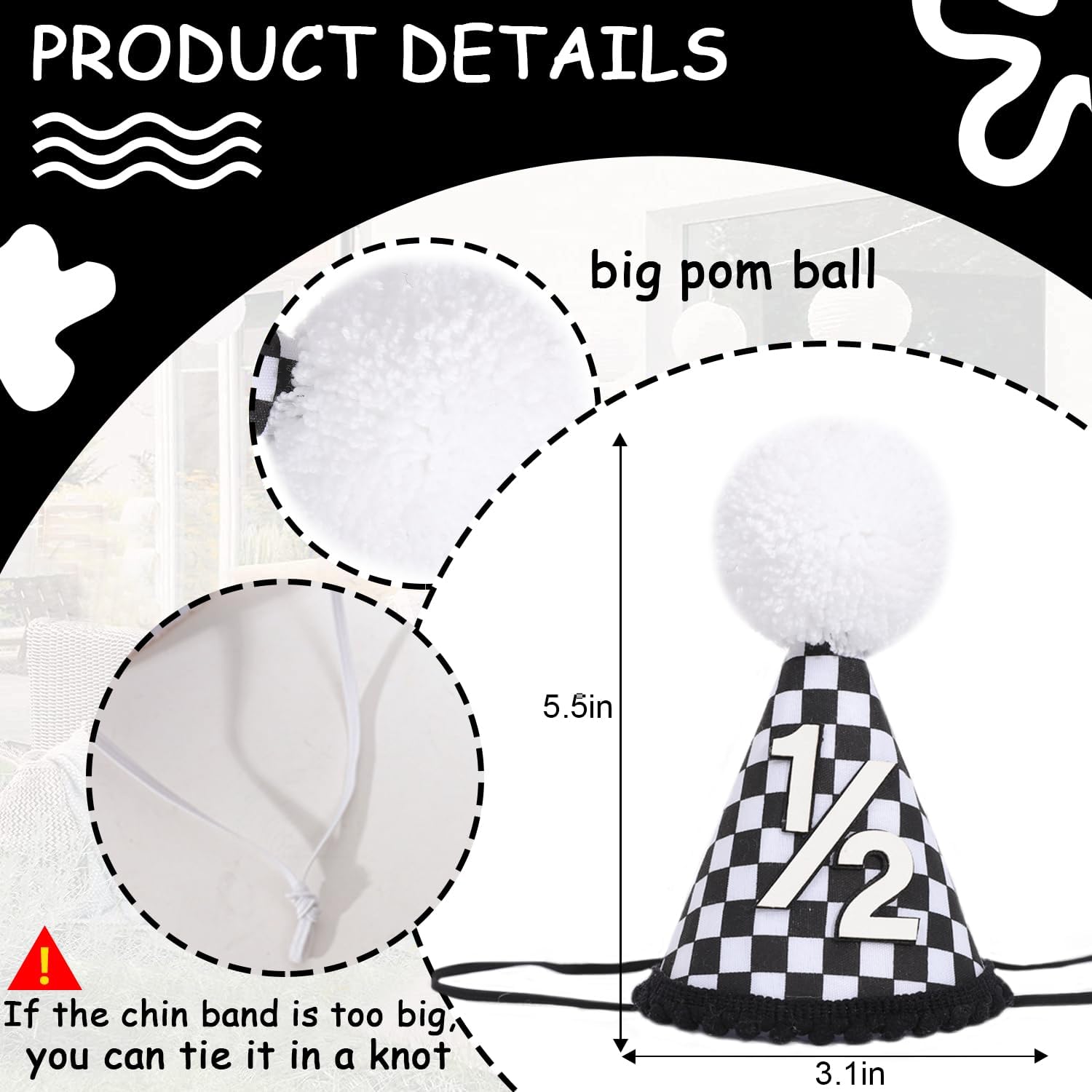 YOUAME Race Car 1/2 Birthday Party Hat - Black And White Half Way To One Birthday Cake Smash Props, Boy Racing Car Theme Party Crown With Pompom, 6 Months Celebrate Decorations