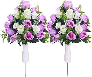 Lodou Artificial Cemetery Flowers,Set of 2 Grave Decorations Roses, Tombstone Memorial Bouquet with Vase for Grave Arrangementss (2, White & Purple)