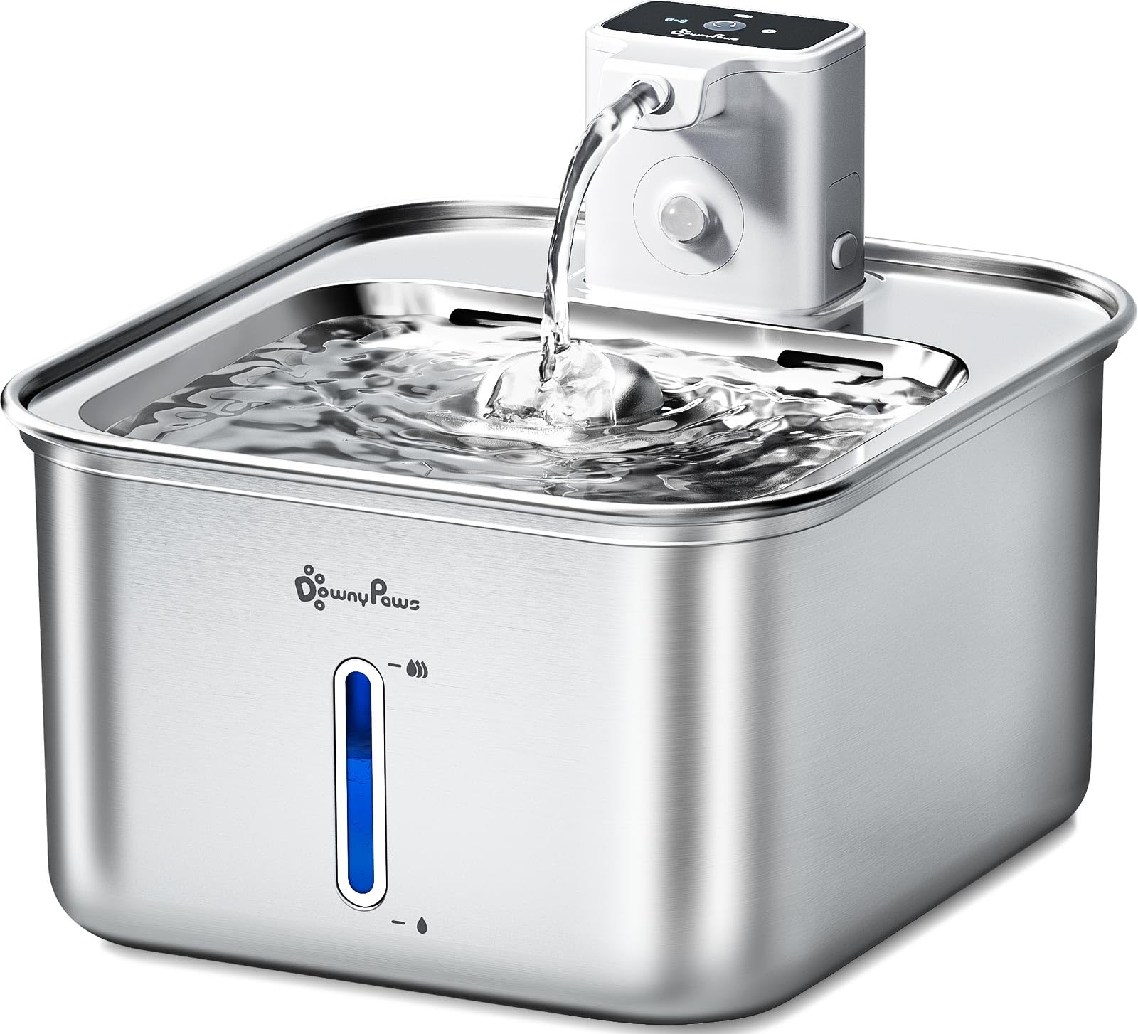 DownyPaws Stainless Steel Cat Water Fountain – Wireless Cat Water Fountain for Drinking with Motion Sensor and Battery Operated, Extremely Quiet, Easy Clean, White