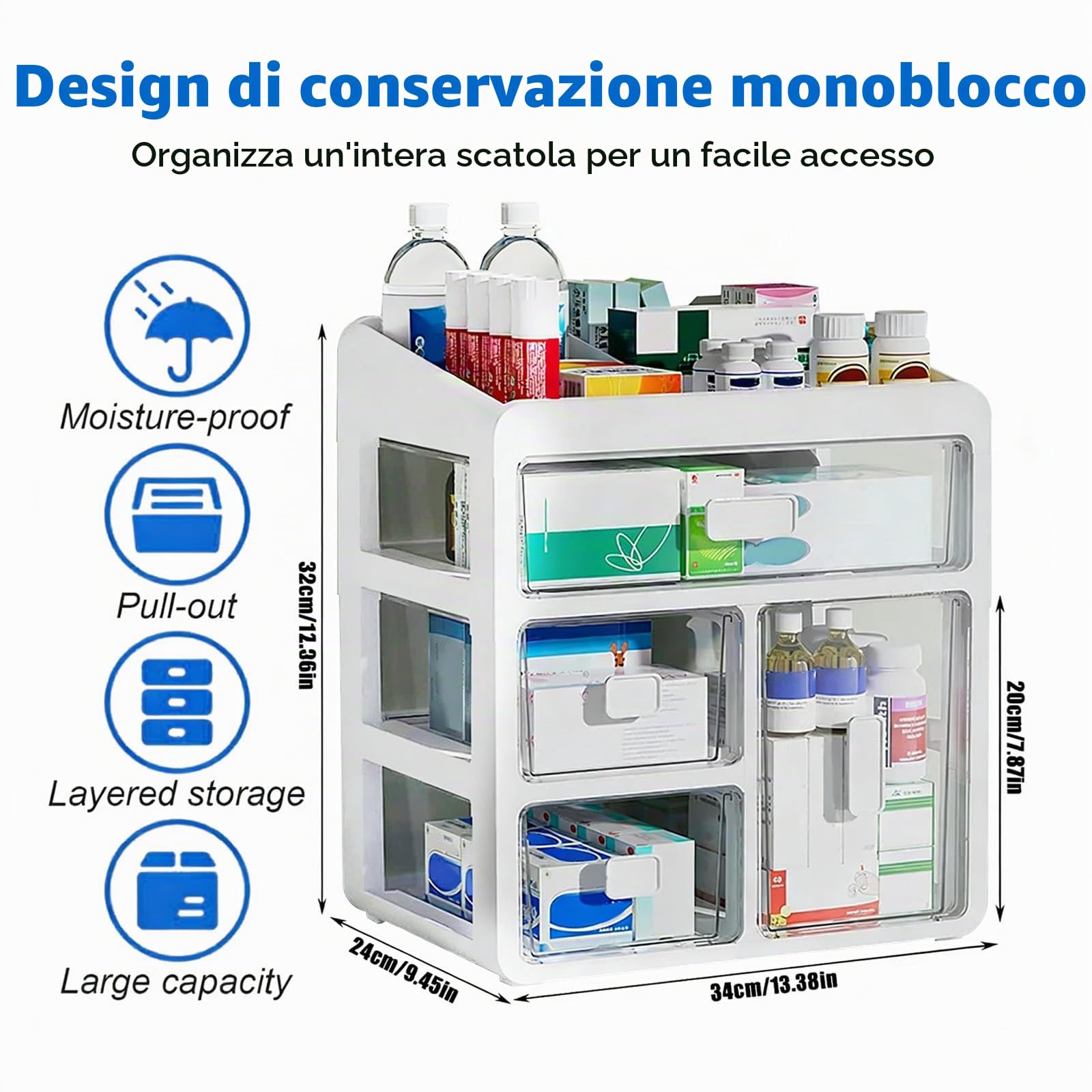 Scatola Medicinali 4 Livelli Organizer per Casa e Ufficio | ABS Trasparente, Per Casa e Dormitorio, Divisori Regolabili