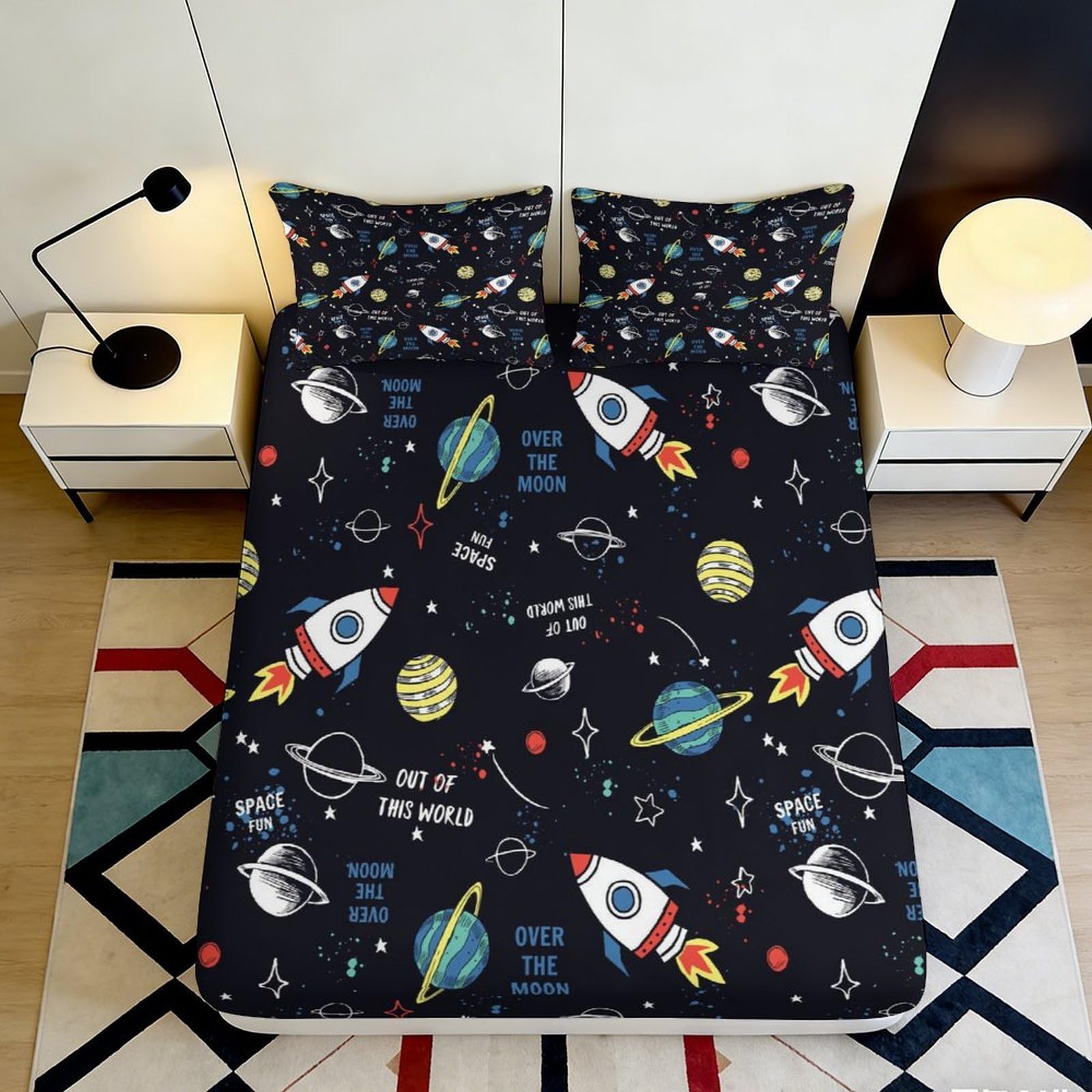 Pnayamiorkfel Style-7 3D Printed Rocket Space Fitted Sheet Microfiber Cartoon Planet Bed Cover For Bedroom Dorm Mattress Protection Decor 90X200x25cm