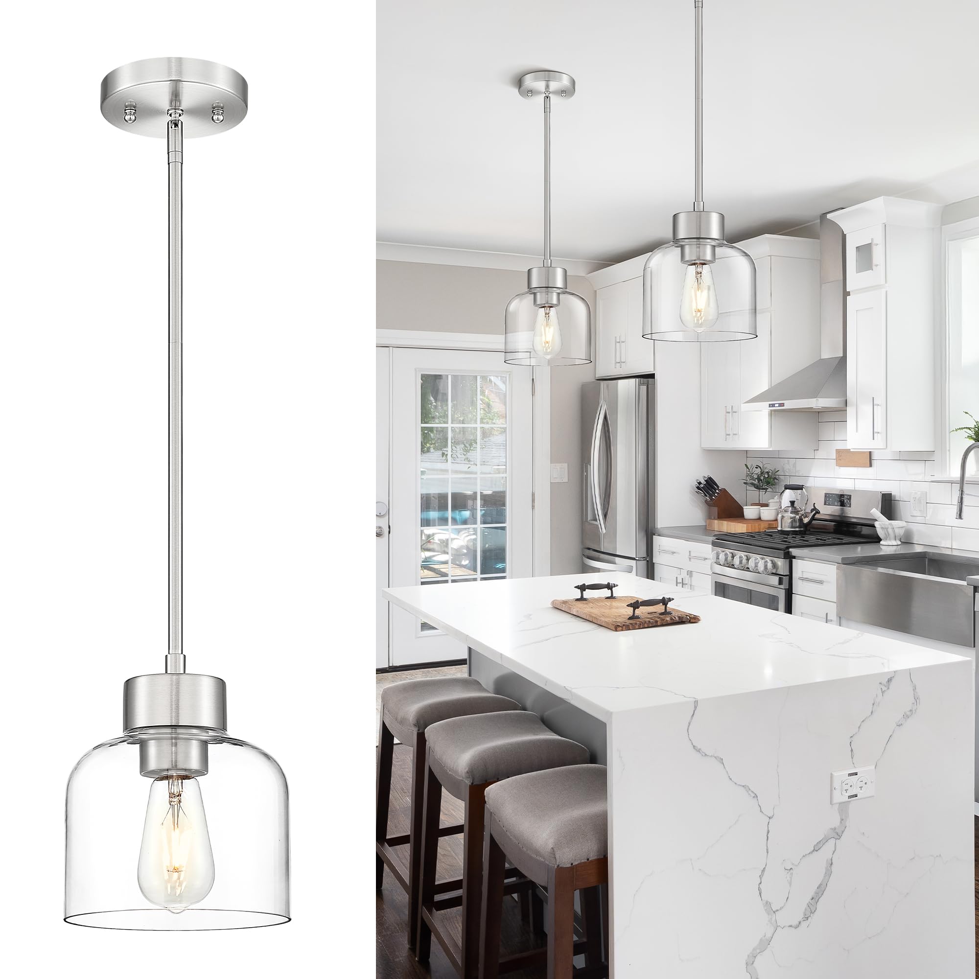 7" Brushed Nickel Pendant Lights Kitchen Island, Clear Glass Shade