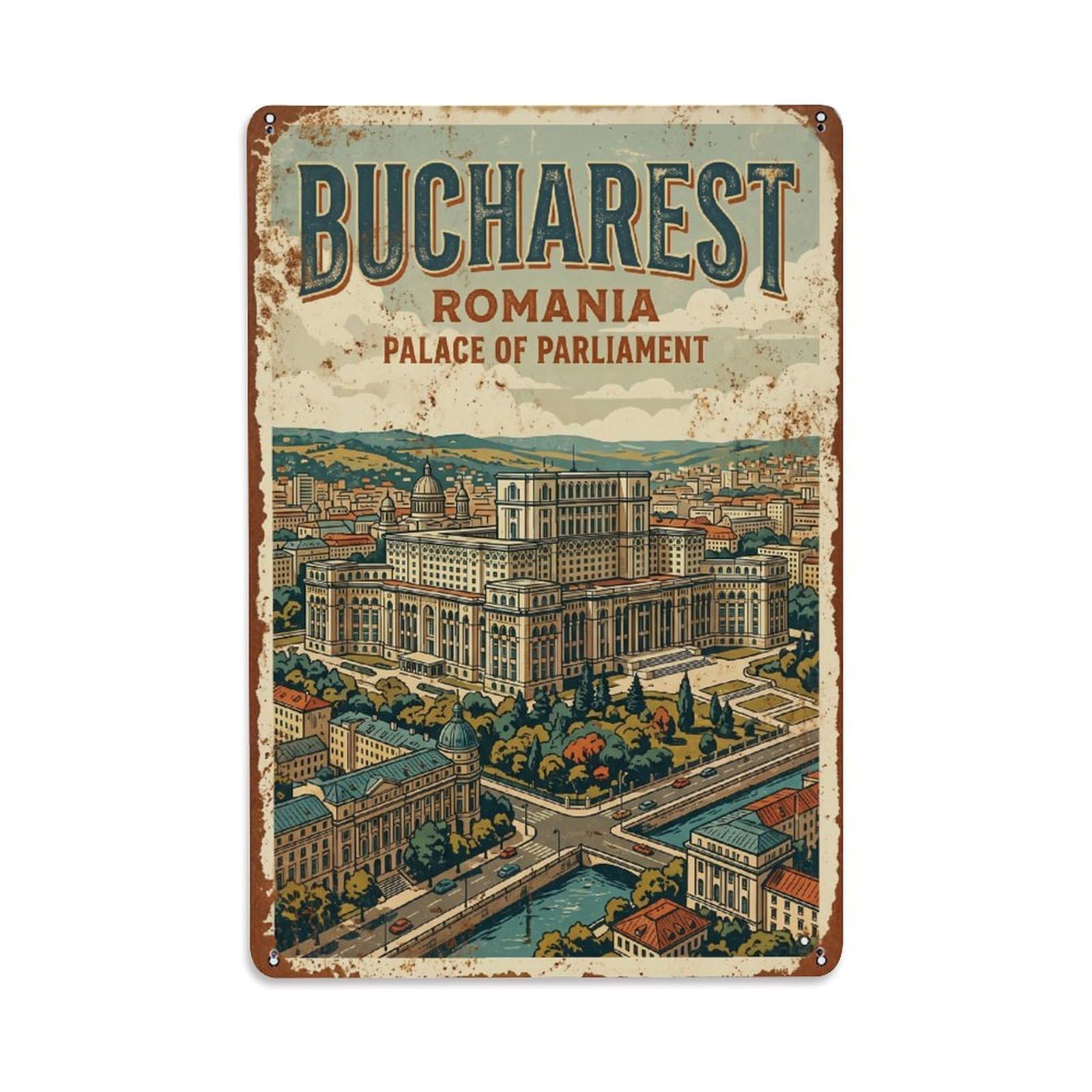 Vintage Travel Bucharest Palace of Parliament Romania Metal Tin Sign Plaque Wall Decor for Cafe, Club Bar, Office, Home Garden Metal Poster 8x12Inch