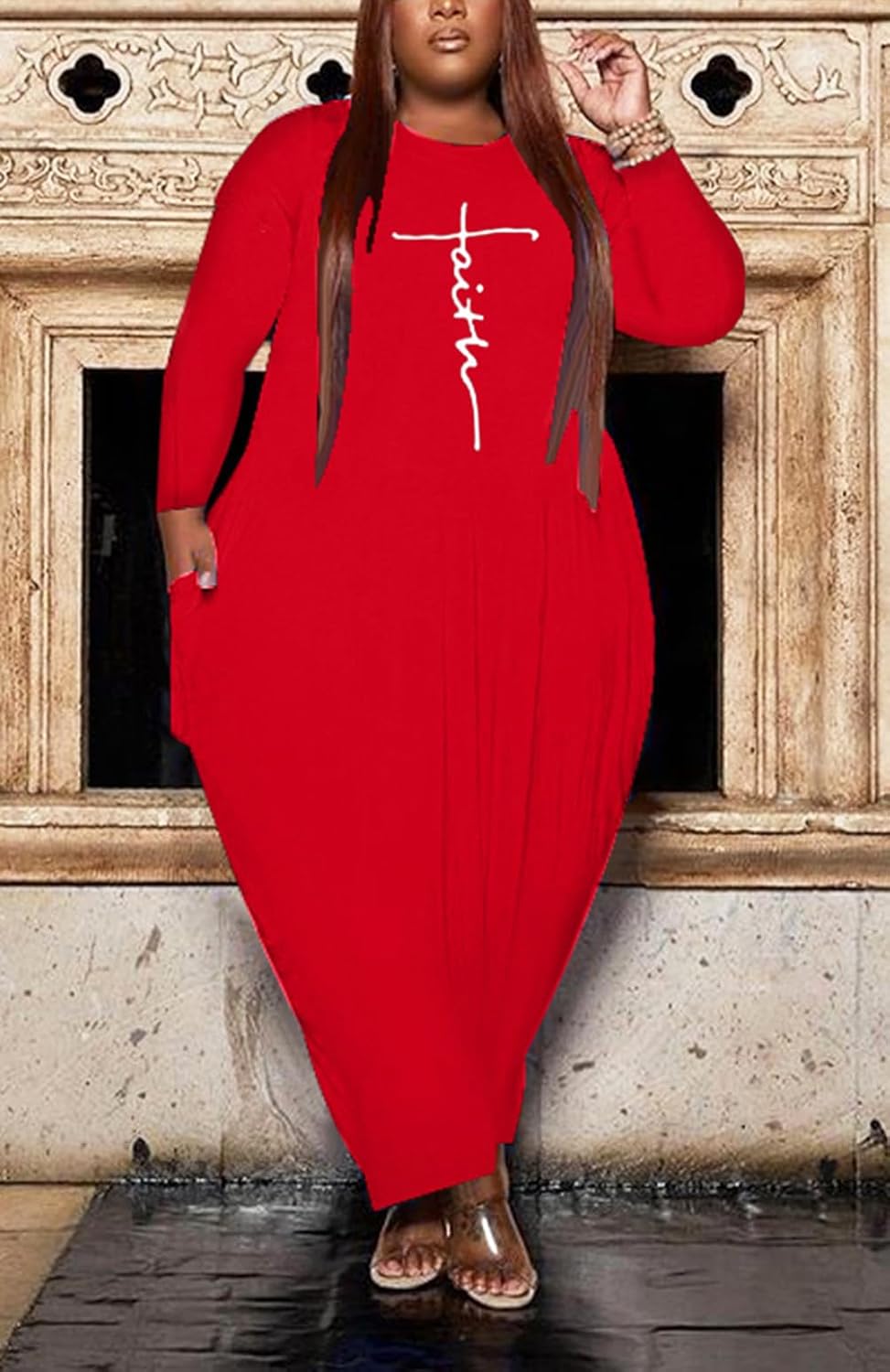 Fooullaide Women's Plus Size Maxi Dress Print Loose Oversize Long Sleeve Baggy Tshirt Casual Tunic Dresses with Pocket - Image 3