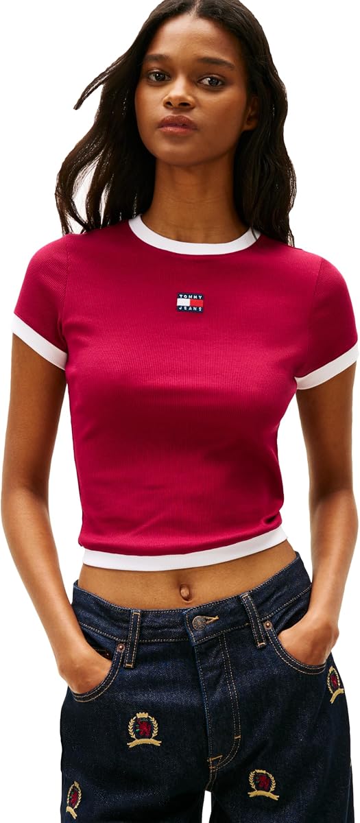 Tommy Jeans Camisetas gráficas de algodón de Manga Corta para Mujer con Logo de Insignia Bordado