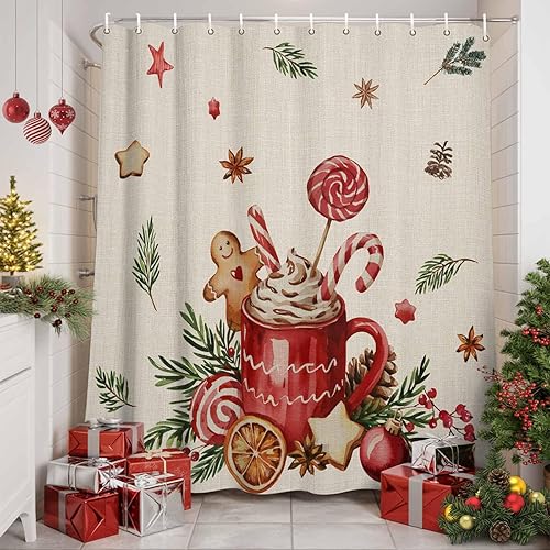 Miniatura 2 de Cortina de ducha navideña para baño, 72 x 72 pulgadas, diseño de hombre de jengibre retro, café, capuchino, cortina de ducha de lino con ganchos,