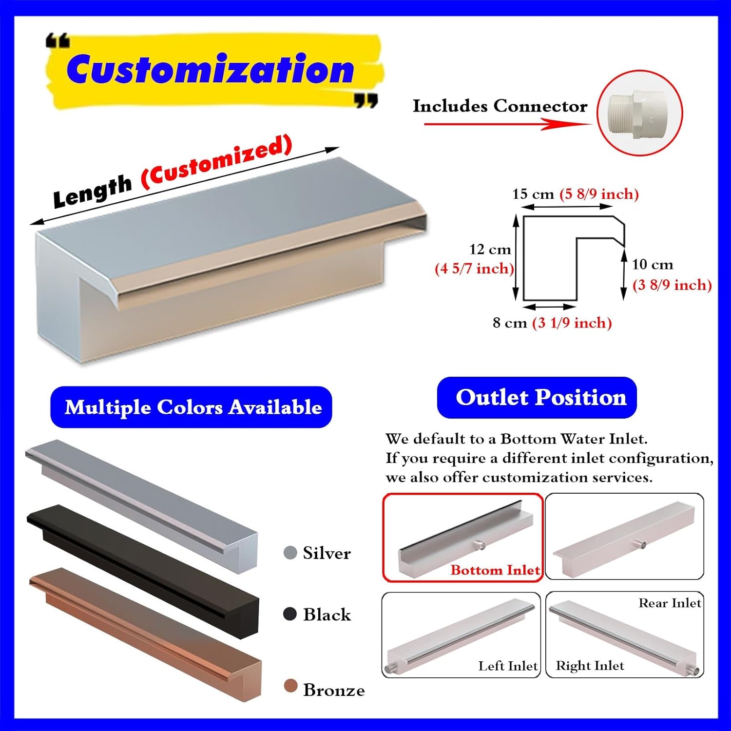 Wall Mounted Waterfall Fountain Sprayer for Koi Pond - Rustproof Overflow Feature, Customizable Kit (Black, L-55 cm/22 in) - Ideal for Outdoor Garden Decor