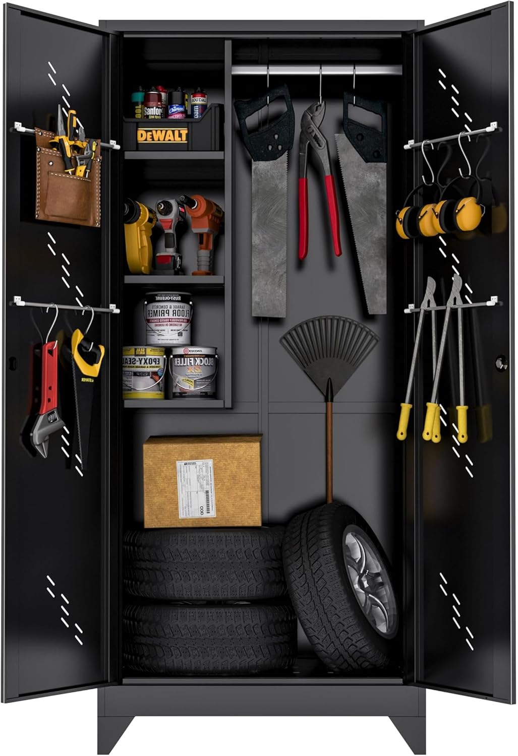 Metal Garage Storage Cabinet, 75 Cleaning Tool Cabinet with Hooks and Hanging Rods, Heavy Duty Garden Tool Organizer, Broom Cabinets for Home, Garage, Laundry Room, Gym, Workshop