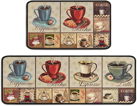 2 Piece Coffee Kitchen Decor Rug Set, Home Kitchen Sink Rugs and Mats Non Skid Washable Absorbent Microfiber Kitchen Floor Carpet 17"x47"+17"x30"