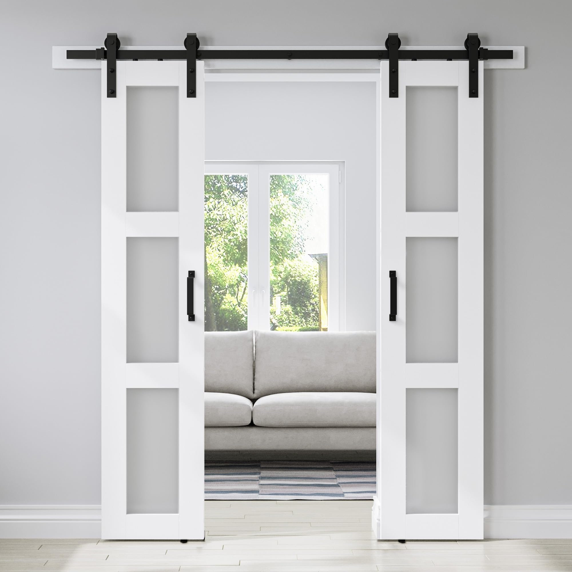 Double 18 x 84in 3-Panel Sliding Barn Door with Frosted Glass and 6.6FT Hardware Kit - Waterproof, Easy Assembly, Pre-Drilled Holes - Suitable for Openings up to 34in x 82in, White