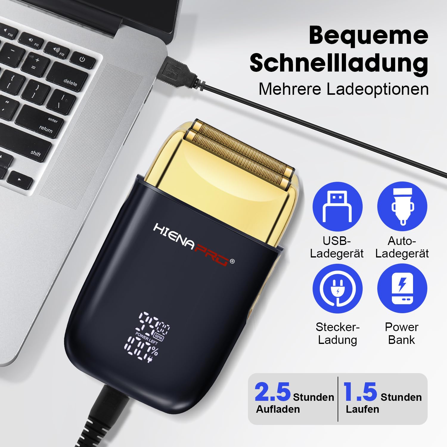 HIENA PRO Rasoir de voyage pour homme - Rasoir électrique amovible et lavable - Affichage LED USB - Noir doré
