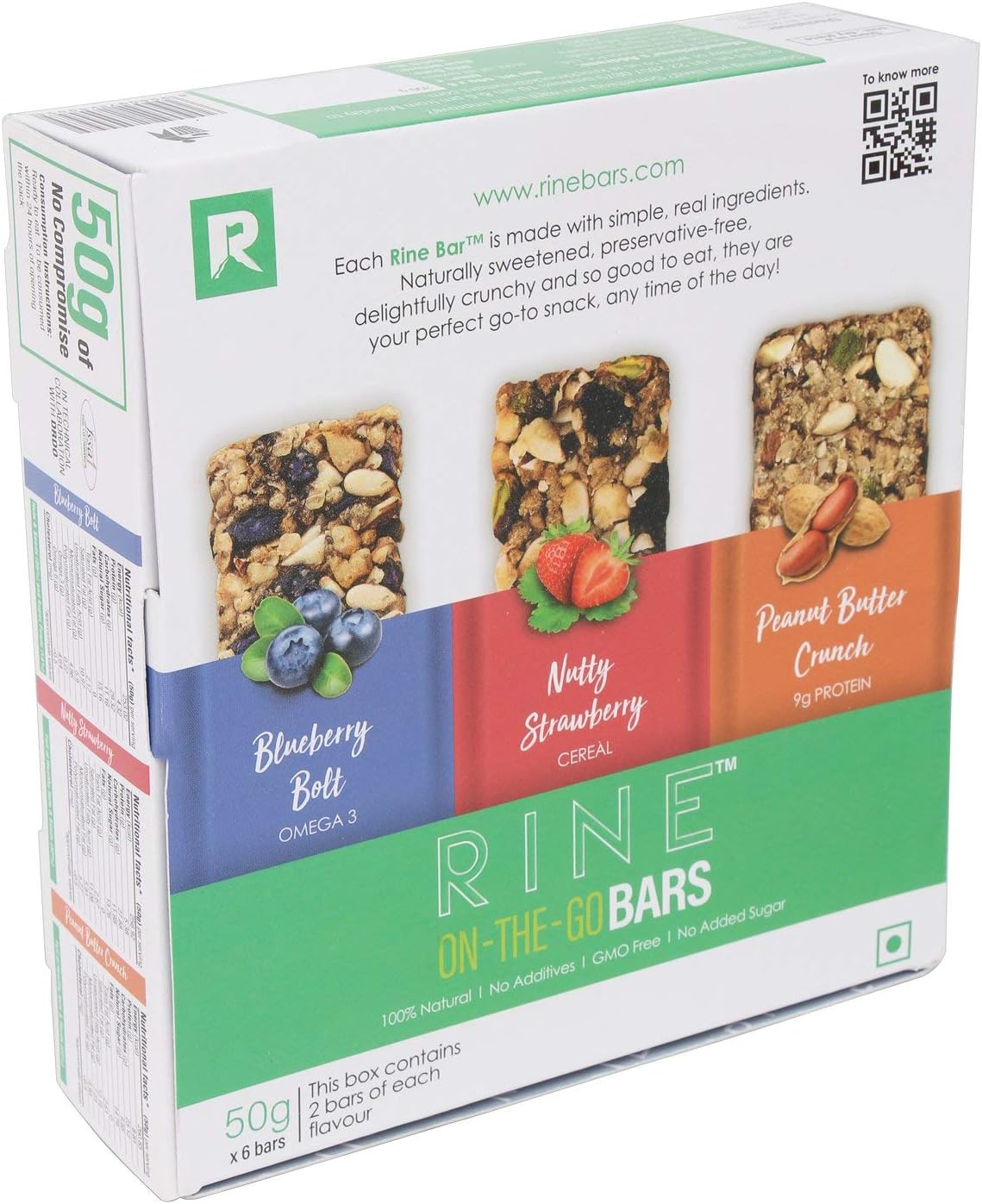 Rine Bars Nutrition Sugarfree Energy 6 Assorted Granola Bars 2 Peanut Butter Protein Bars, 2 Blueberry Fruit Bars and 2 Strawberry Cereal Bars | 6 *50 g (6 Pack Box)