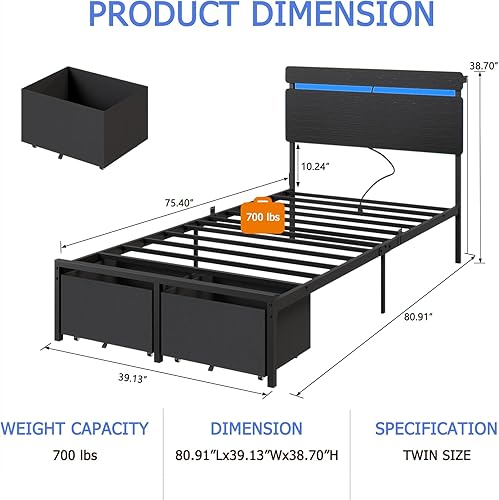 Miniatura 2 de Forestell - Marcos de cama individual con cabecera de madera, cama plataforma negra con 2 cajones de almacenamiento y estante, estación de carga