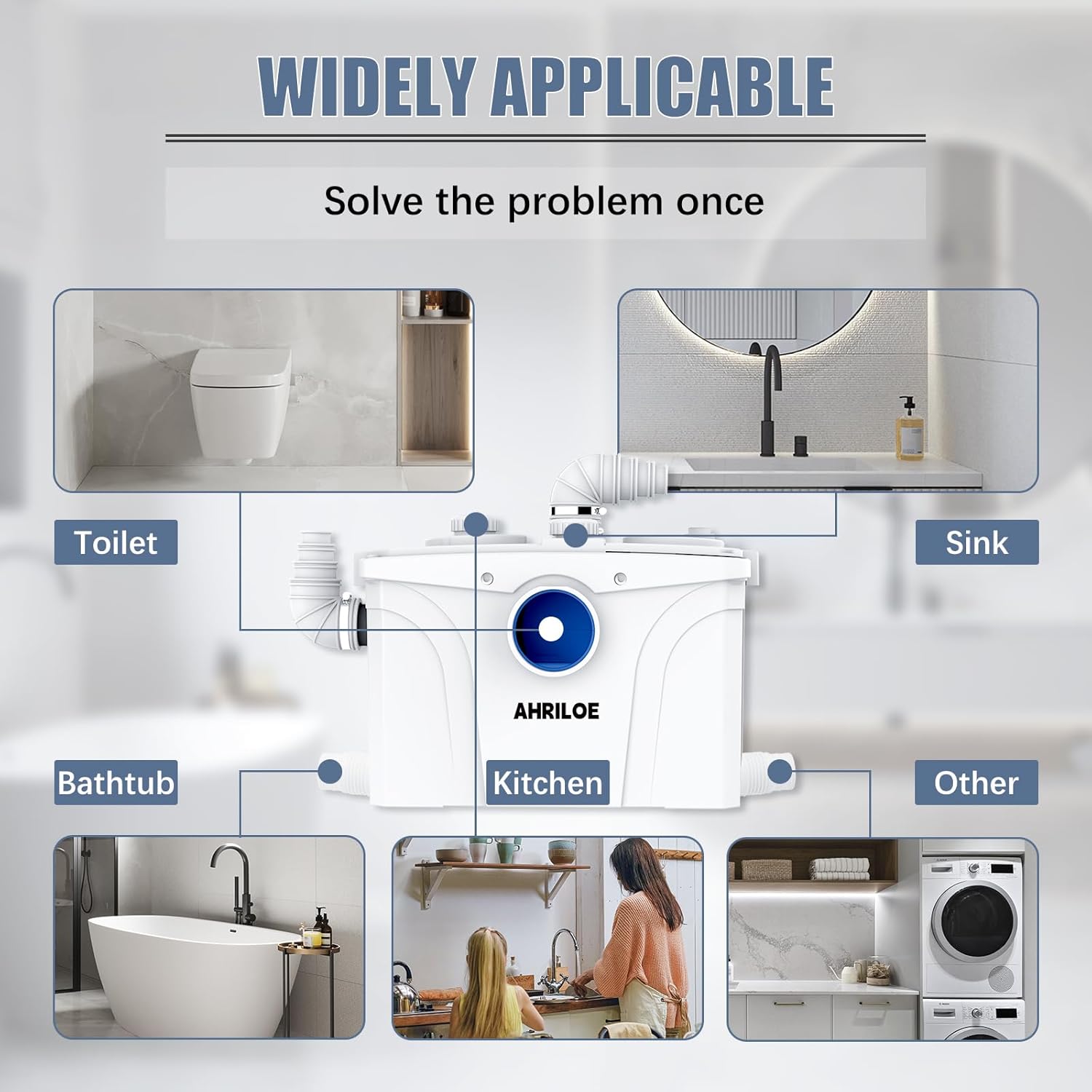 900W Macerator Pump, Macerating Toilet System with 2 Outlets/5 Inlets, Sewage Pump for Basement, Sink, Toilet, Laundry, Kitchen