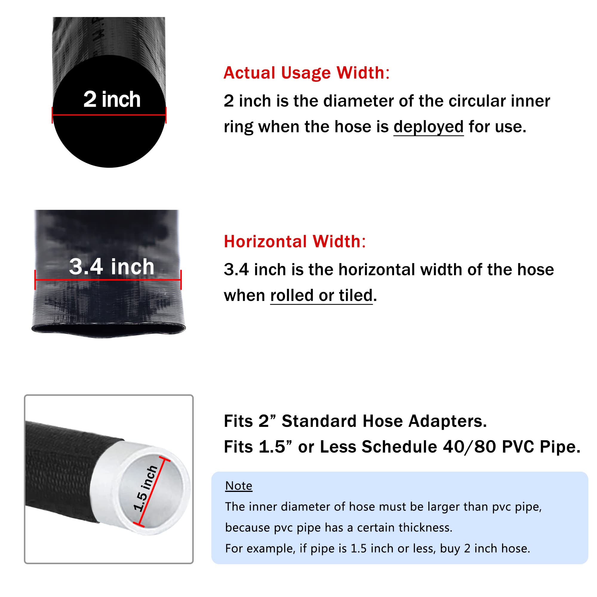 DAVCO Manguera negra de 5 cm de diámetro interior × 50 pies, manguera de descarga de agua plana de PVC reforzada resistente para piscinas de drenaje y filtros limpios