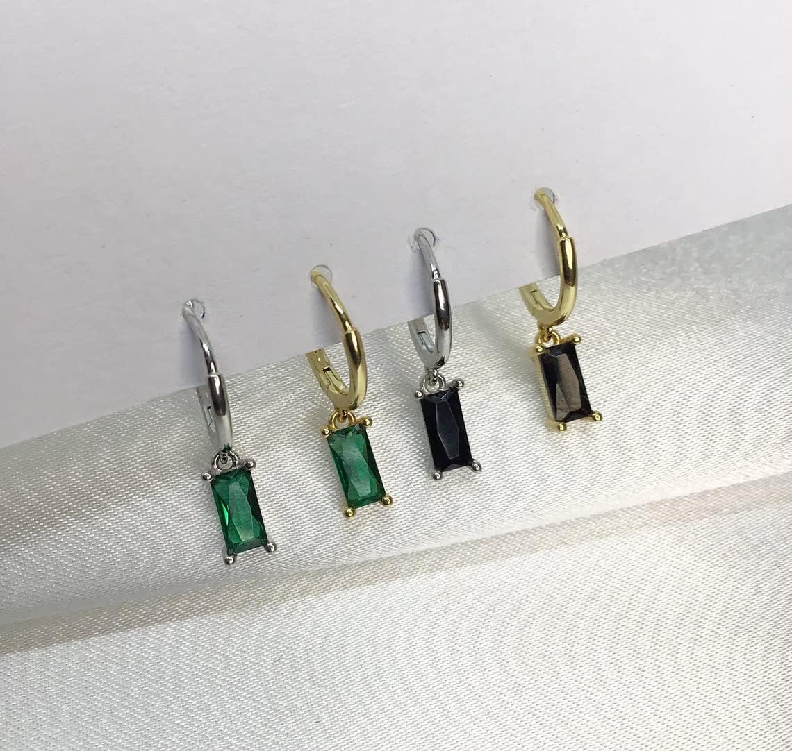 Dainty Dangle Hoop Earrings with Baguette CZ for Women Girls, Sterling Silver Small Huggie Earring with Cubic Zirconia Charm - Image 4