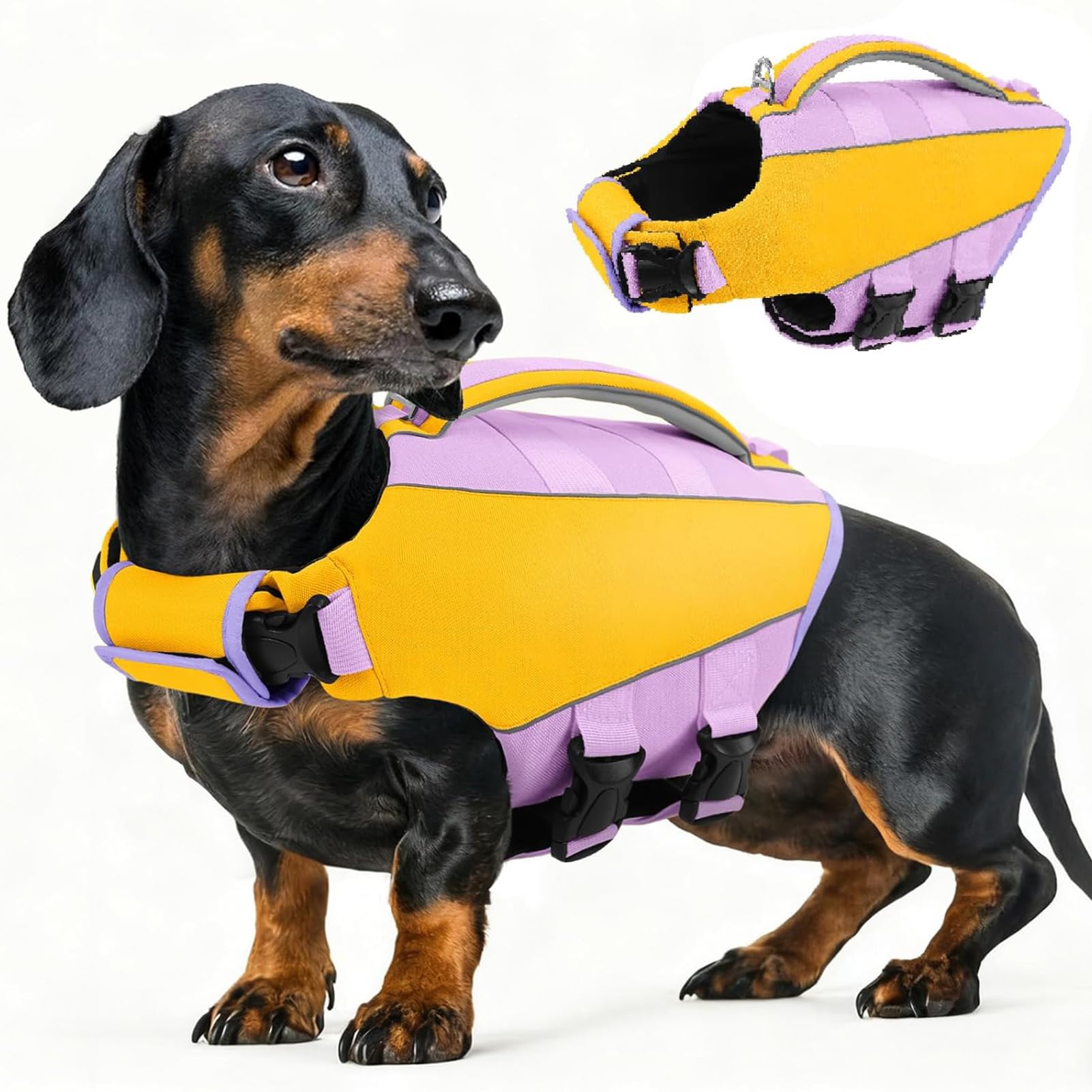 AOFITEE Hundeschwimmweste Kleine Hunde, Verstellbar & Ripstop Schwimmweste Hund Rettungsweste mit Griff, Sicher Hoher Auftrieb Hunde Schwimmweste für Dackel zum Bootfahren,Schwimmen,Surfen, Lila, S