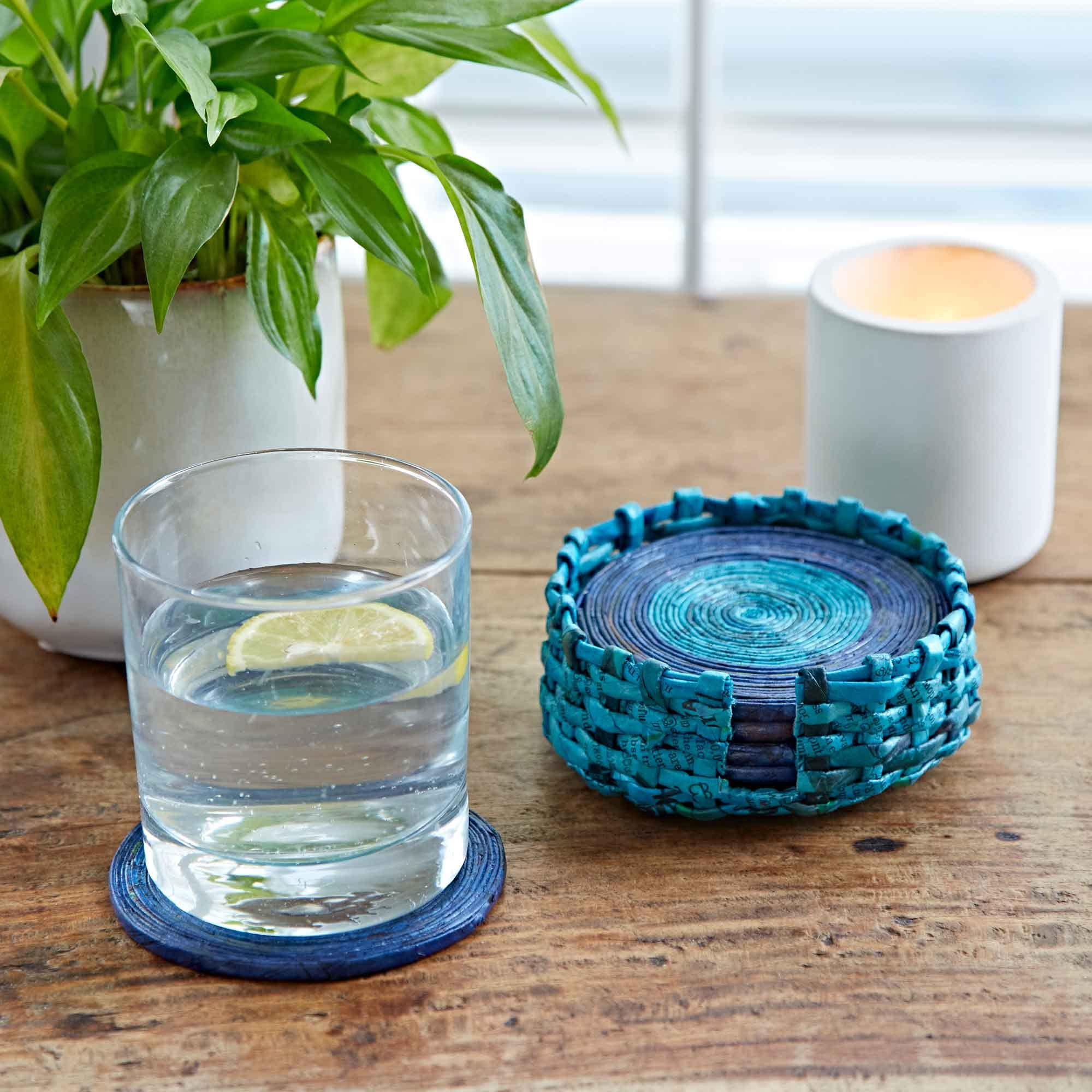 Recycled Newspaper Set of 6 Coasters - Dark Blue/Light Blue | Sustainable Drink Coaster | Handmade Colourful Coaster | Fair Trade Gifts for Men and Women
