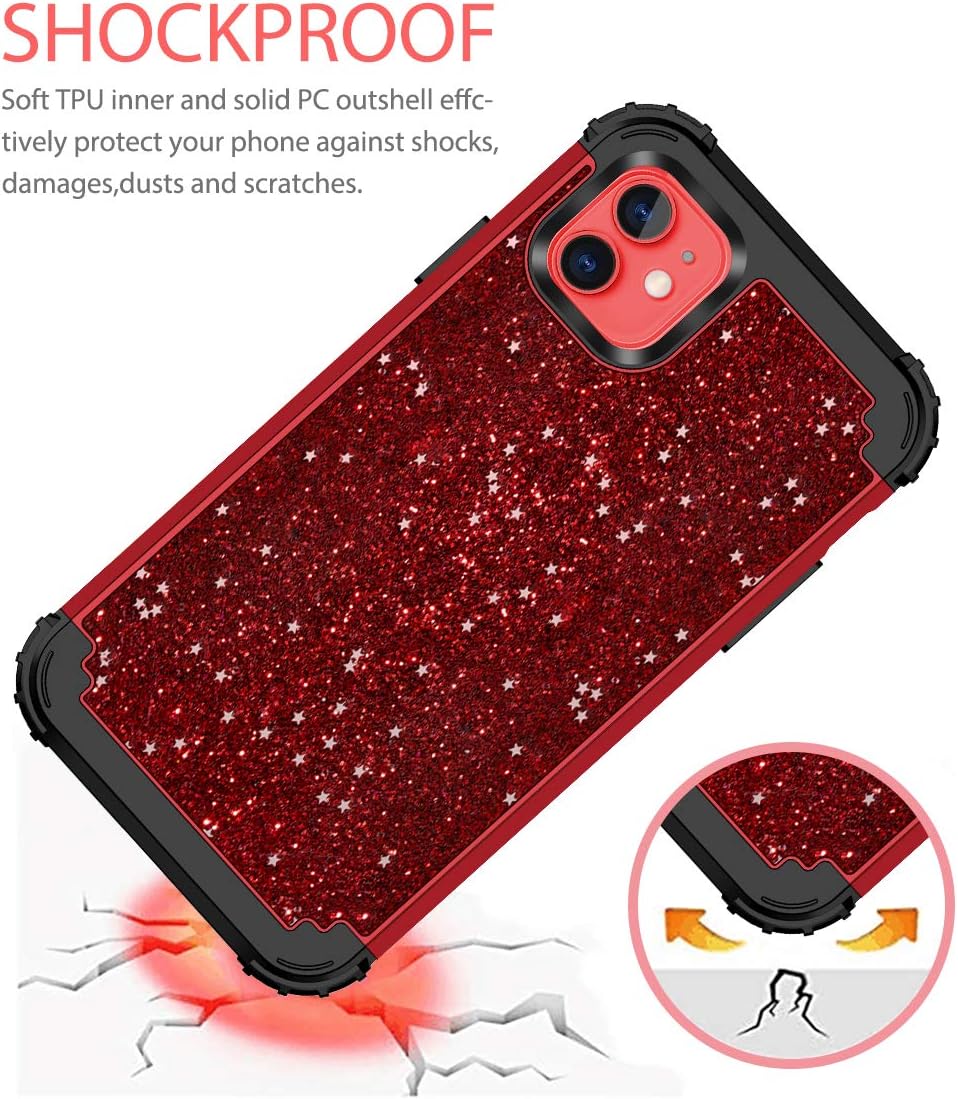 Hekodonk Compatible iPhone 12 Case iPhone 12 Pro Case,Luxury Sparkle Glitter Heavy Duty Hybrid Sturdy High Impact Shockproof Protective Cover Case for Apple iPhone 12/12 Pro 6.1 2020 Bling Red