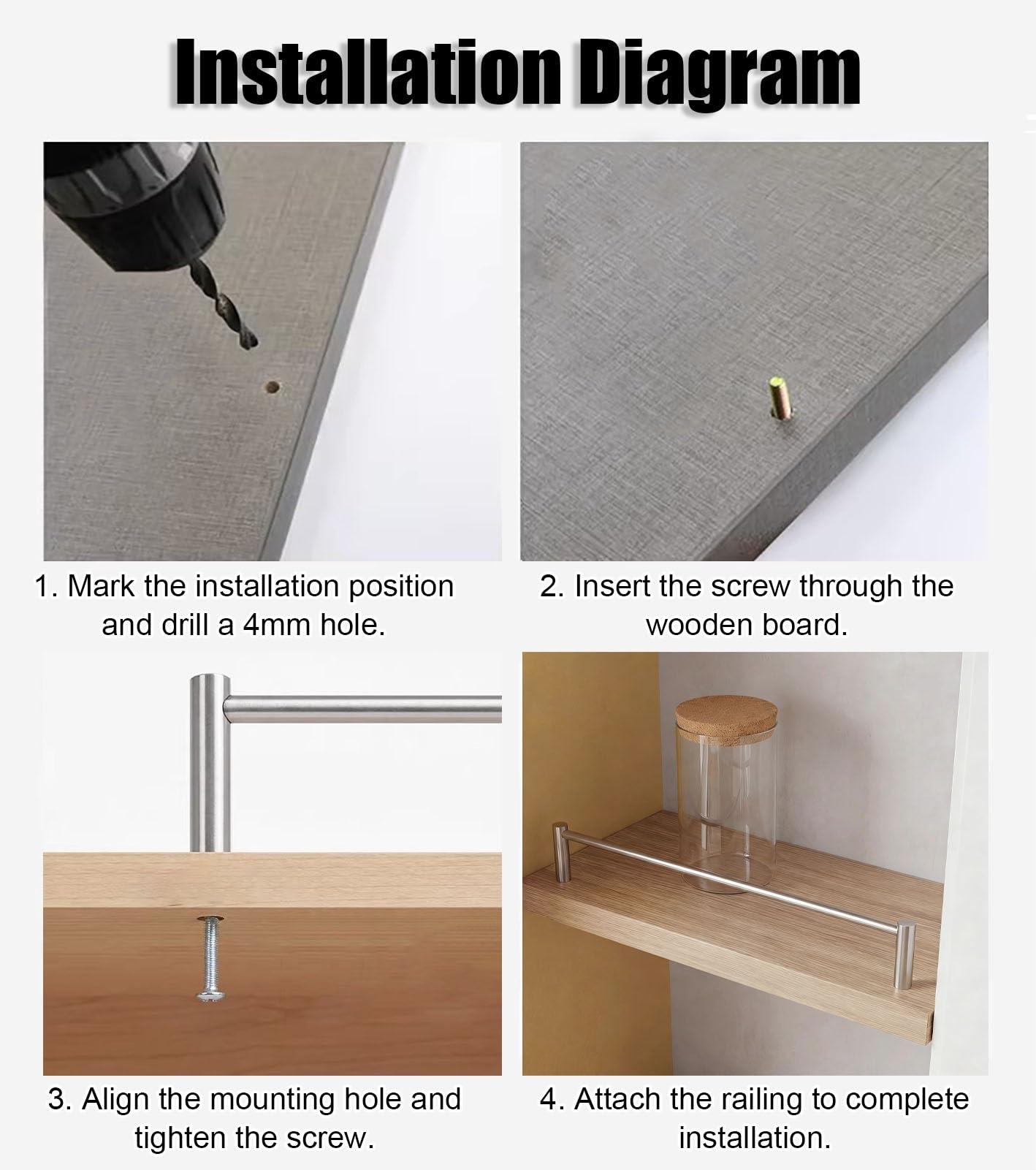 Vibeo Regalgeländer Hängeregalschienen aus Edelstahl, 30–90 cm Lang, Schrankgeländer-Set mit 2 Pfosten, Kippsicherung für Flaschen, Weinflaschen und Bücher(8 Pack,45cm/17.7in)