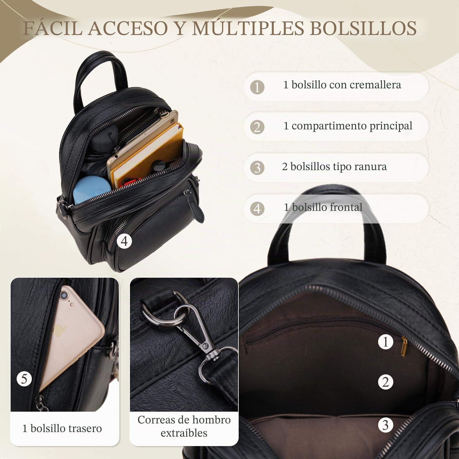 VX VONXURY Mini Mochila de Cuero PU Mochila Mujer con Correa Desmontable Mochila Pequeña Mujer con Bonita Decoración para Diario