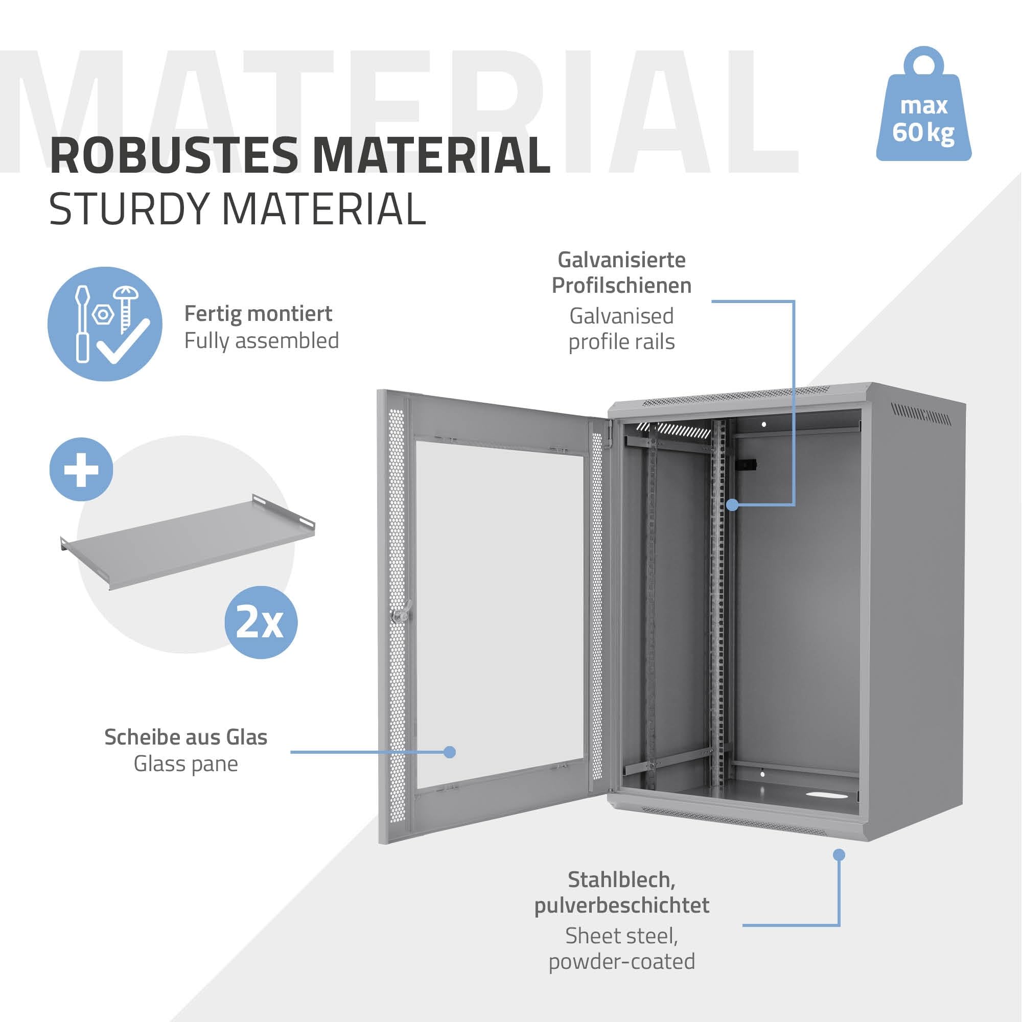 ECD Germany Armario de Red 16 U(Unid de Altura)Mueble para Servidores, Rack 19 Pulgadas Gris Montaje en Pared 600 x 850 x 450 mm Carcasa con Puerta de Cristal y Cerradura de Seguridad, Capacidad 60kg