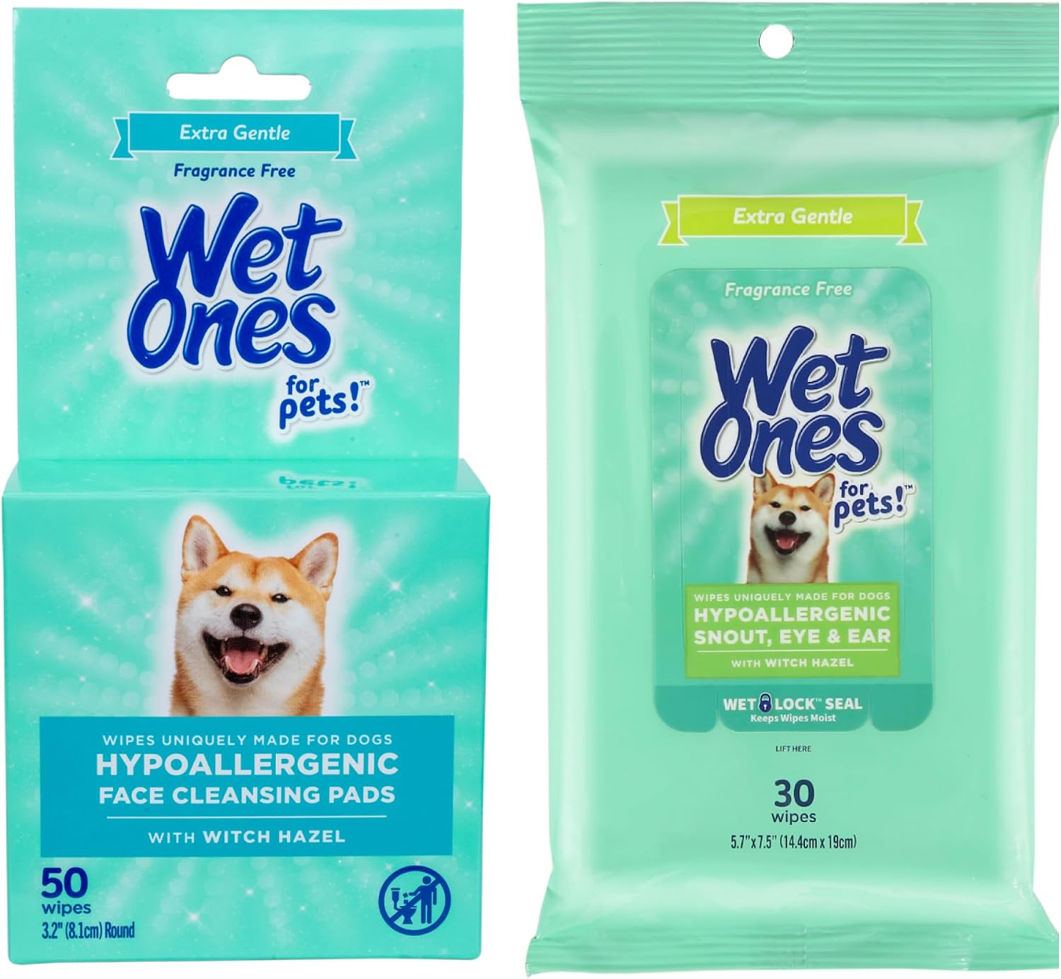 Wet Ones for Pets Hypoallergenic Face Cleansing Pads Fragrance-Free 3.2 in Round 50 ct + Extra Gentle Dog Wipes with Witch Hazel Fragrance-Free Snout Eye Ear 30 ct Bundle