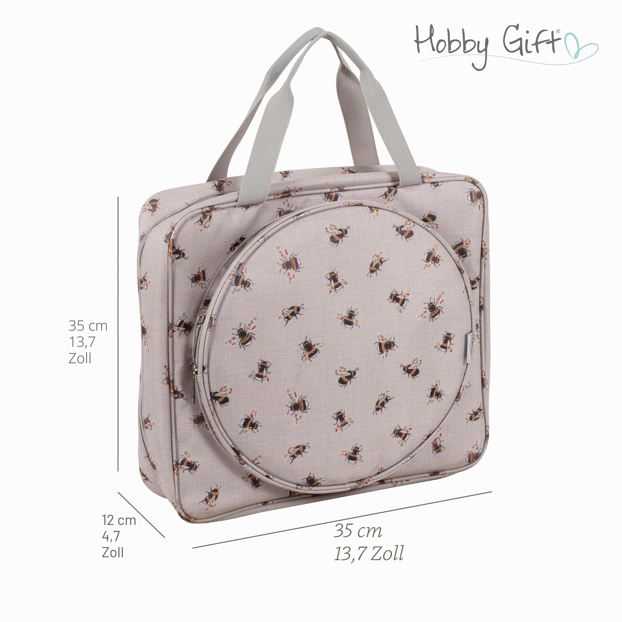 Hobby Gift Bienen-Basteltasche, Stick- und Kreuzstichtasche, Aufbewahrung für Mehrfachrahmen bis zu 25 cm, mit 2 Reißverschlusstaschen für Fäden, Muster, Stecknadeln und Zubehör, 12x35x35 cm