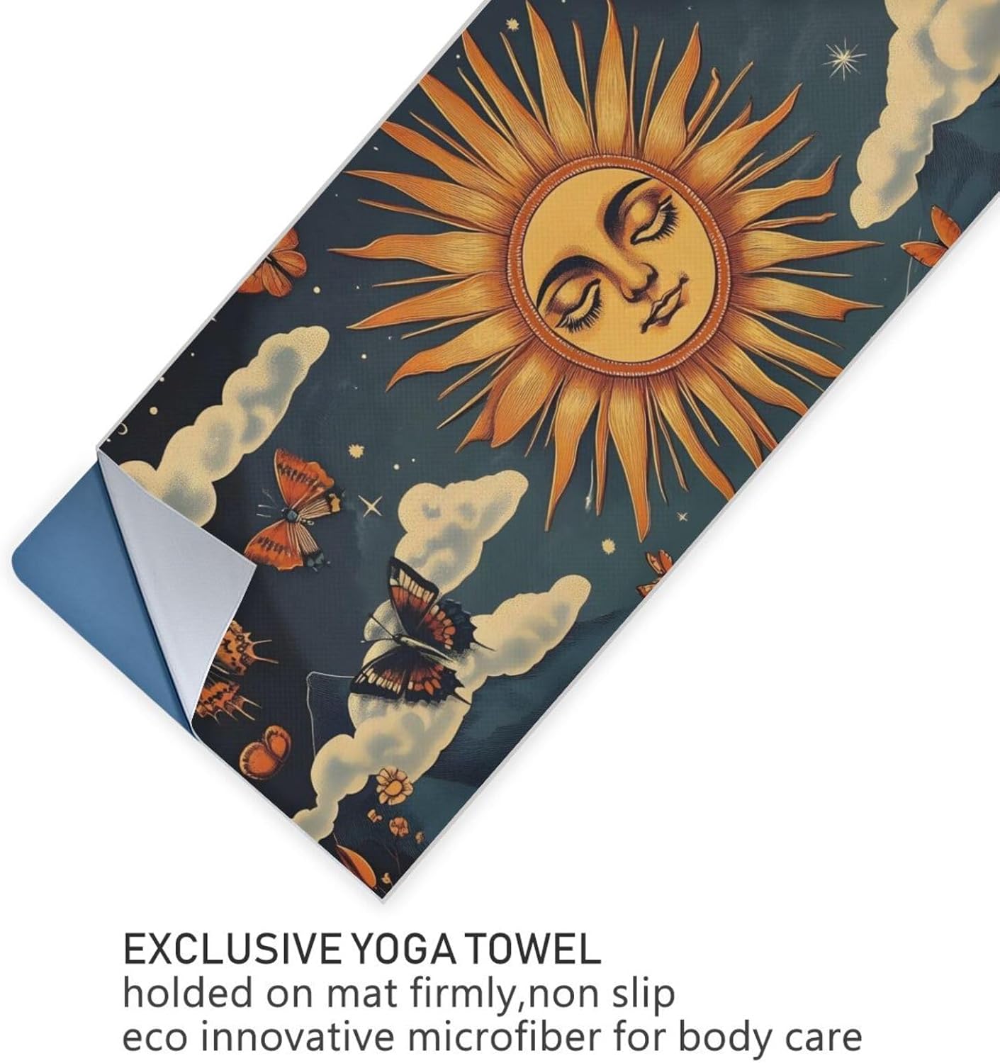 Yoga Mat Towel with Silicone Grip Dot Sun Buterflies Floral – 73"x27" Non-Slip Sweat Absorbent Microfiber Yoga Towel for Home Gym Studio