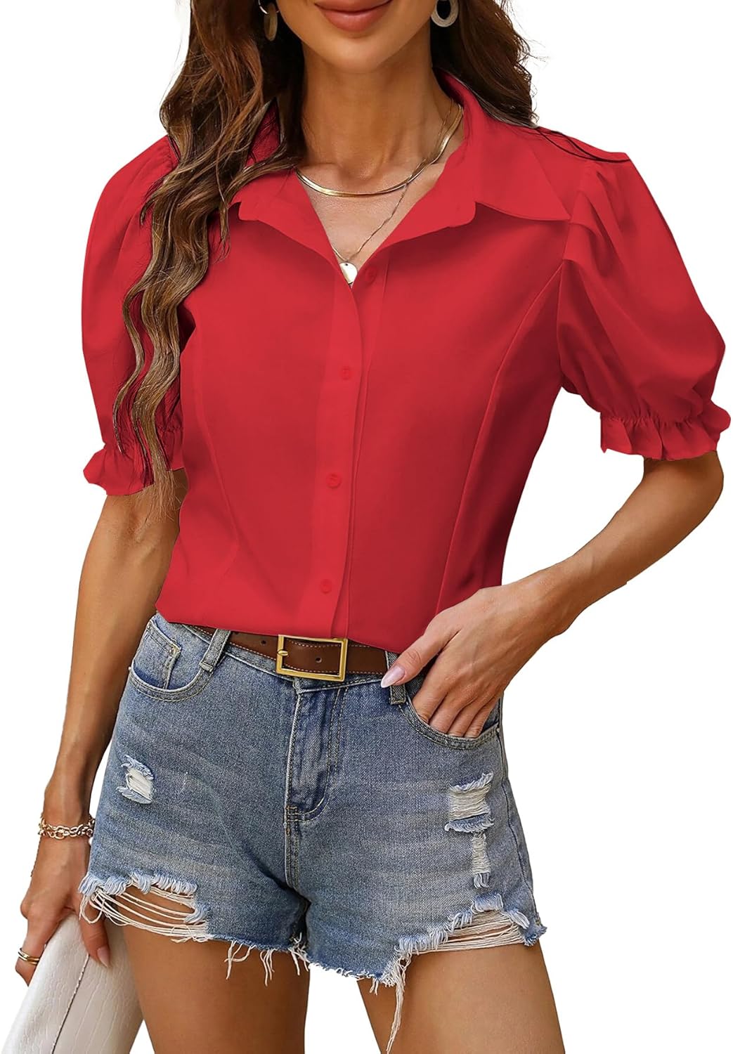 Vrtige Women's Button Down Collar V Neck Ruffle Puff Short Sleeve Blouse Shirt Top