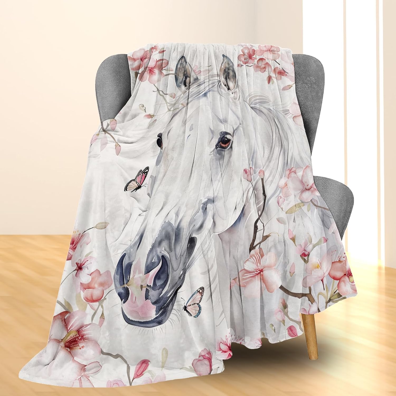 Horse and Floral Blanket - Soft Cozy Lightweight Flannel Throw Blanket for Couch, Bed, Travel, Outdoor Use | Warm Fuzzy Stylish Blankets for Adults Kids Women Girls 50×60 in - Image 2